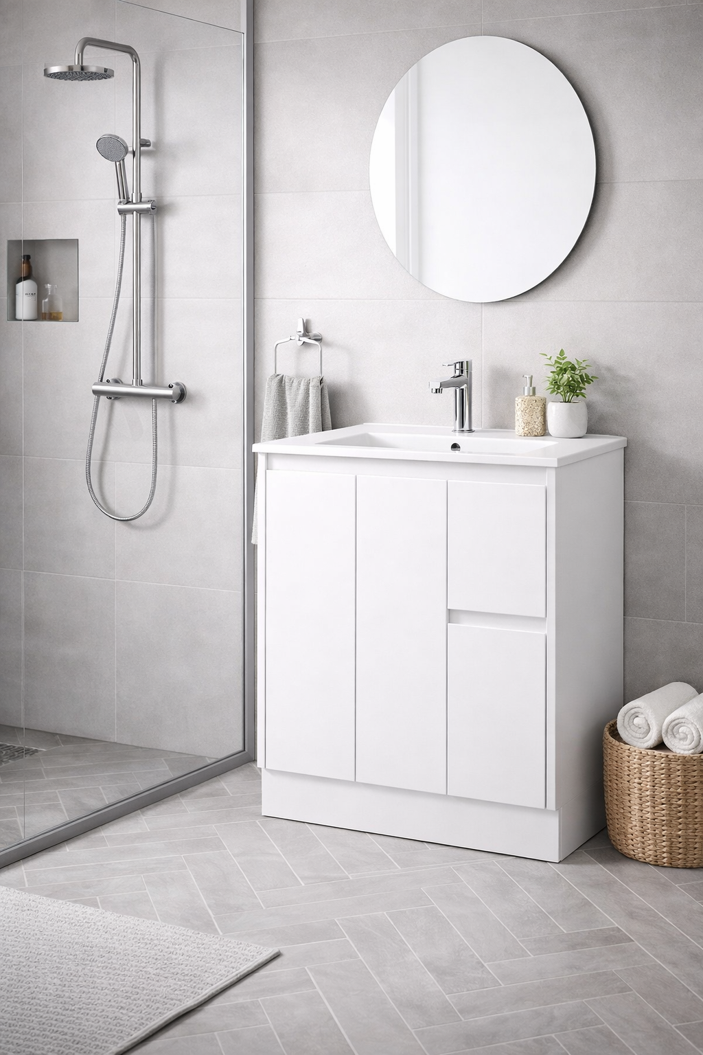 Floor Standing Minimalist Two Pack Vanity with Stone Top