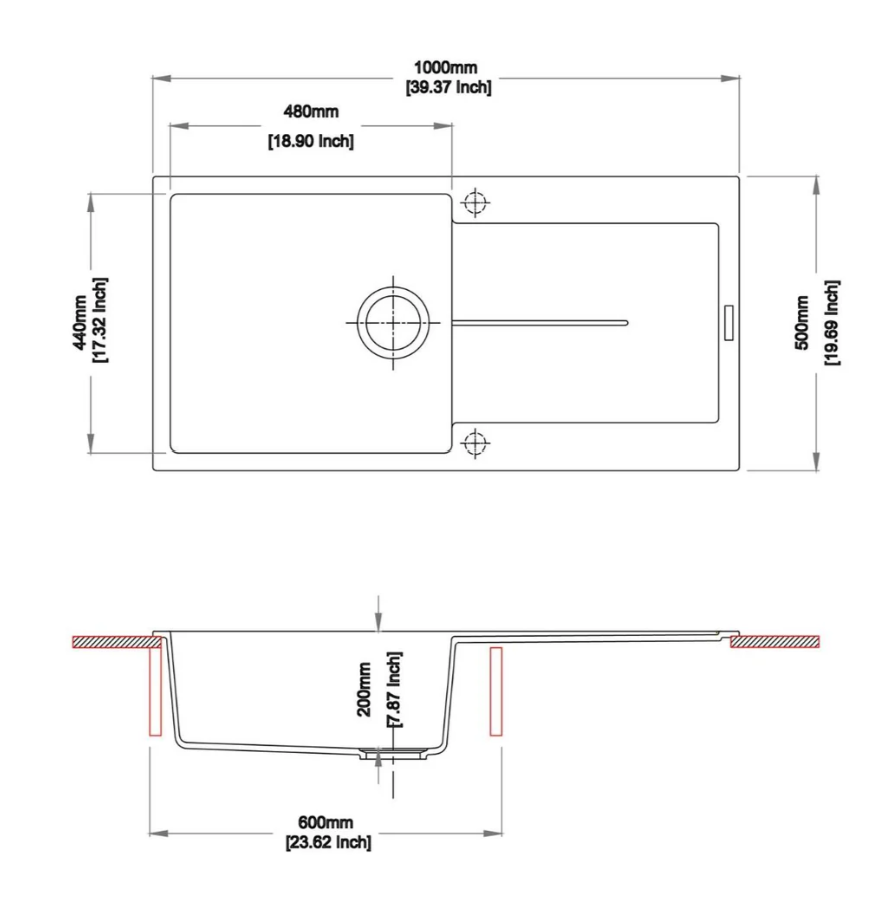 1000 x 500 x 200mm Carysil Enigma D100L Single Bowl With Drainer Board Granite Kitchen Sink Top Mount