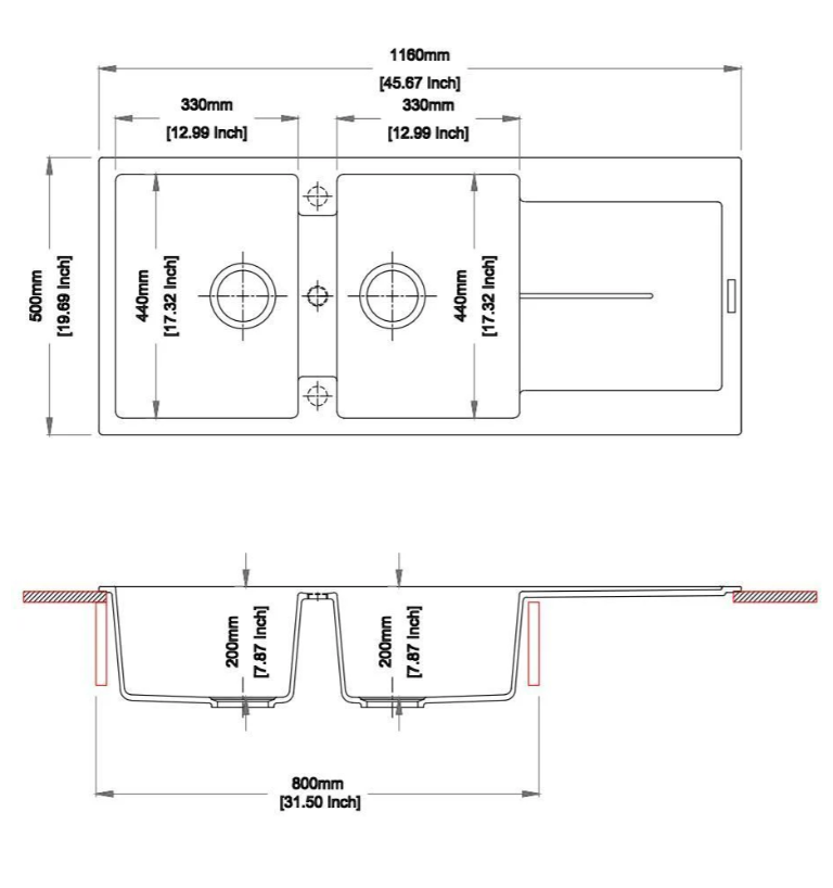 1160 x 500 x 200mm Carysil Enigma D200 Double Bowl with Drainer Board Granite Kitchen Sink Top Mount