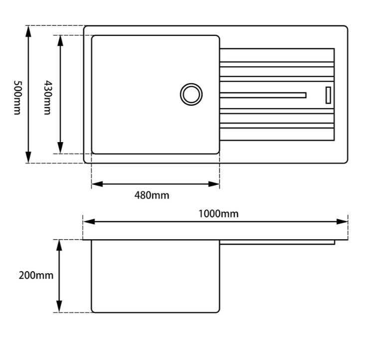 1000 × 500 × 200 mm Granite Stone Kitchen Sink with Drainboard — Top/Undermount