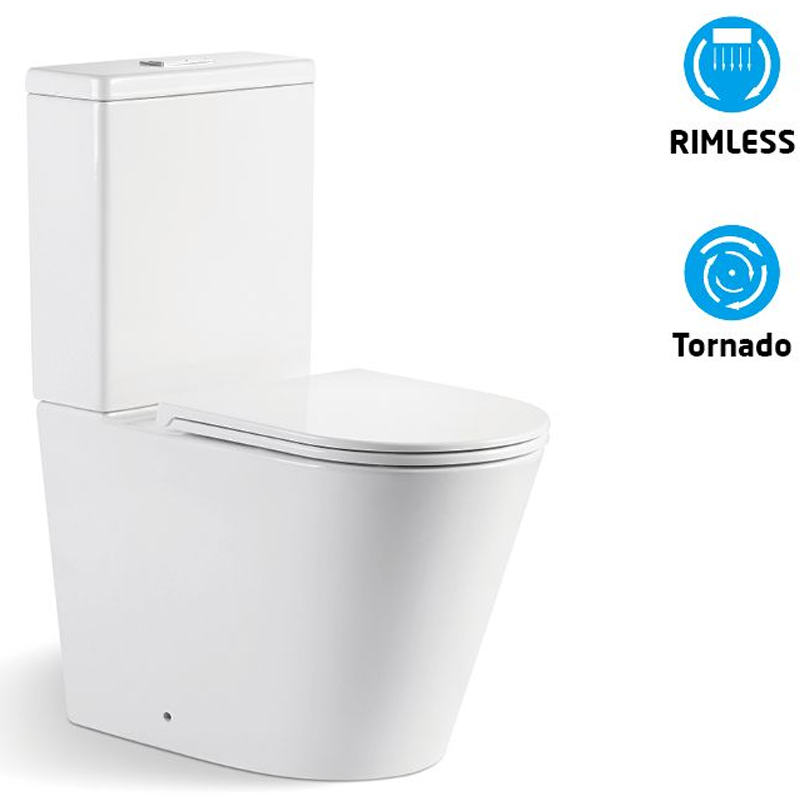 White toilet with 'Rimless' and 'Tornado' branding on a white background