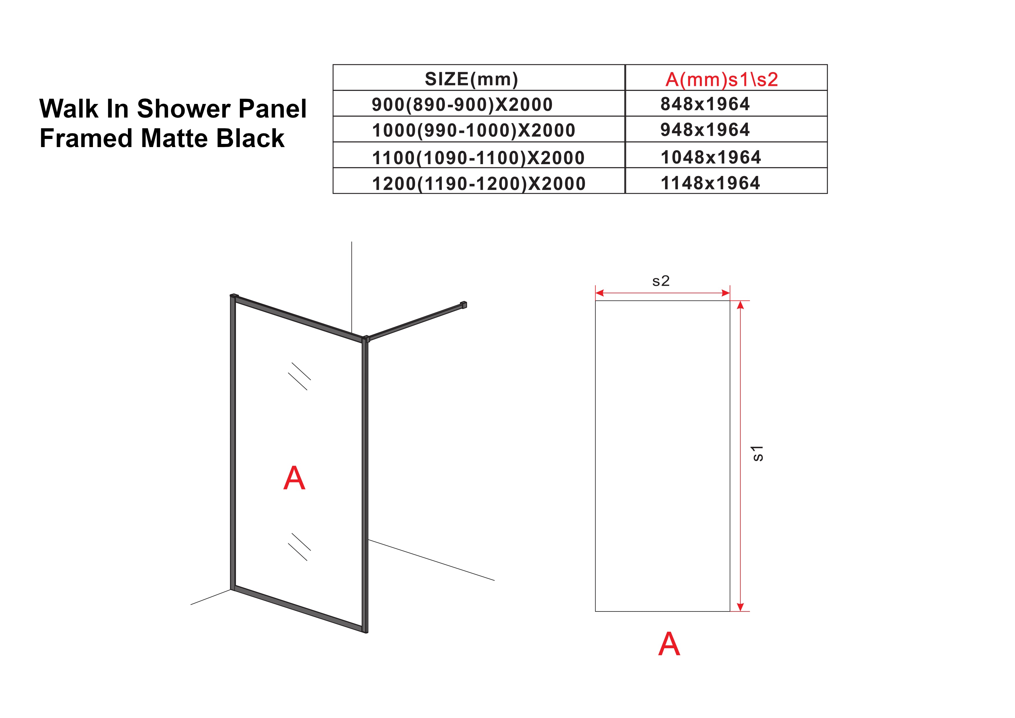 Walk In Shower Panel - Framed Matte Black