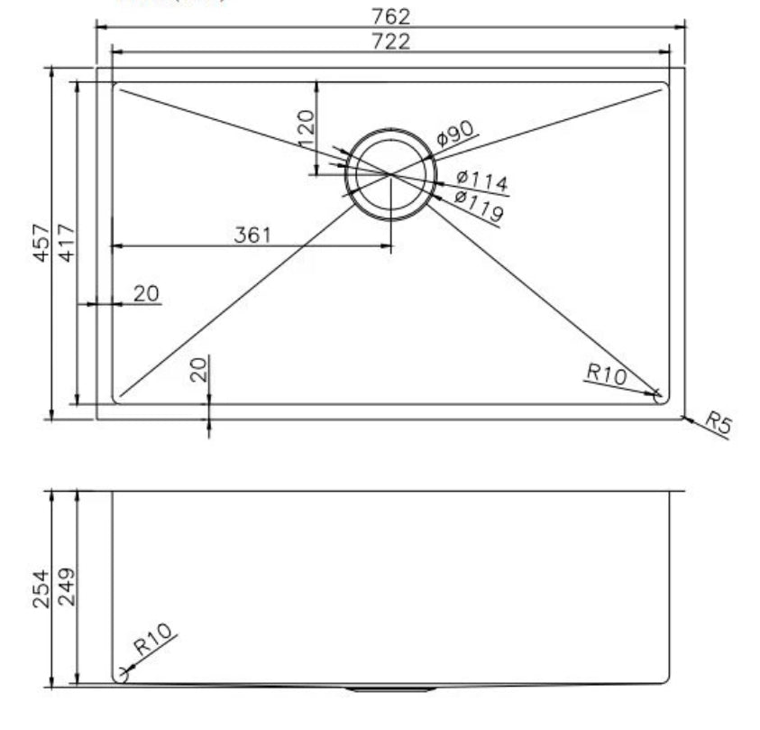 762*457*254mm Hand-made Single Bowl Kitchen Sink(Round Edges)
