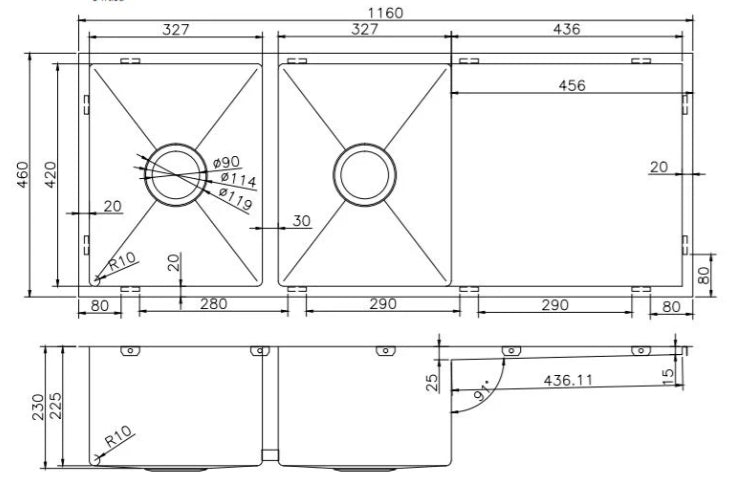 Hand‑Made Double Bowl Kitchen Sink – 1160 × 460 × 230 mm
