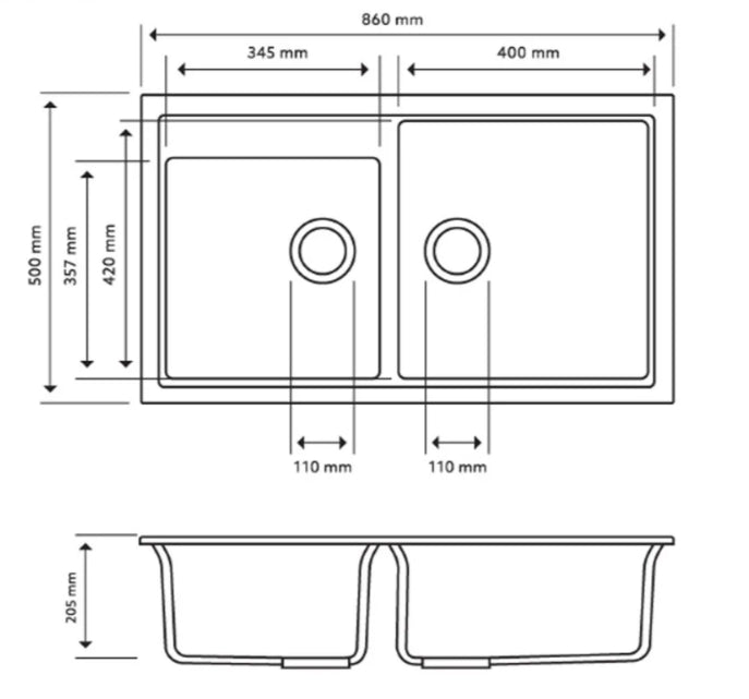 Carysil Double Bowl Granite Sink – 860 x 500 x 205mm