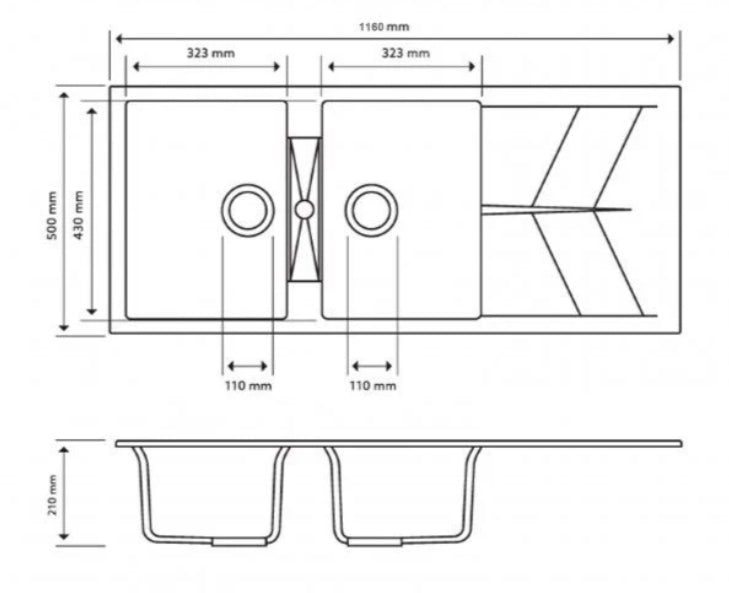 1160 x 500 x 210mm Carysil Jazz D200 Double Bowl Drainer Board Granite Kitchen Sink Top/Flush/Under Mount