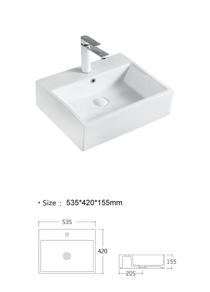 Luana Interiors - Counter Top Basin with One Tap Hole (535mm*420mm*155mm)