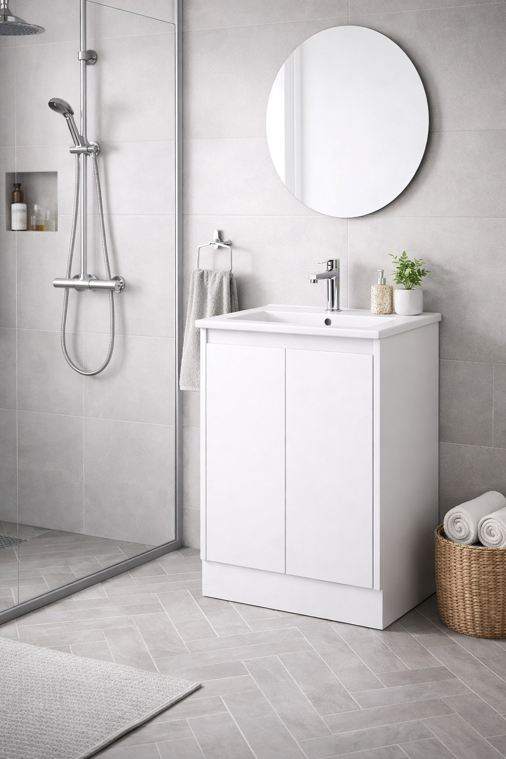 Floor Standing Minimalist Two Pack Vanity with Ceramic Top