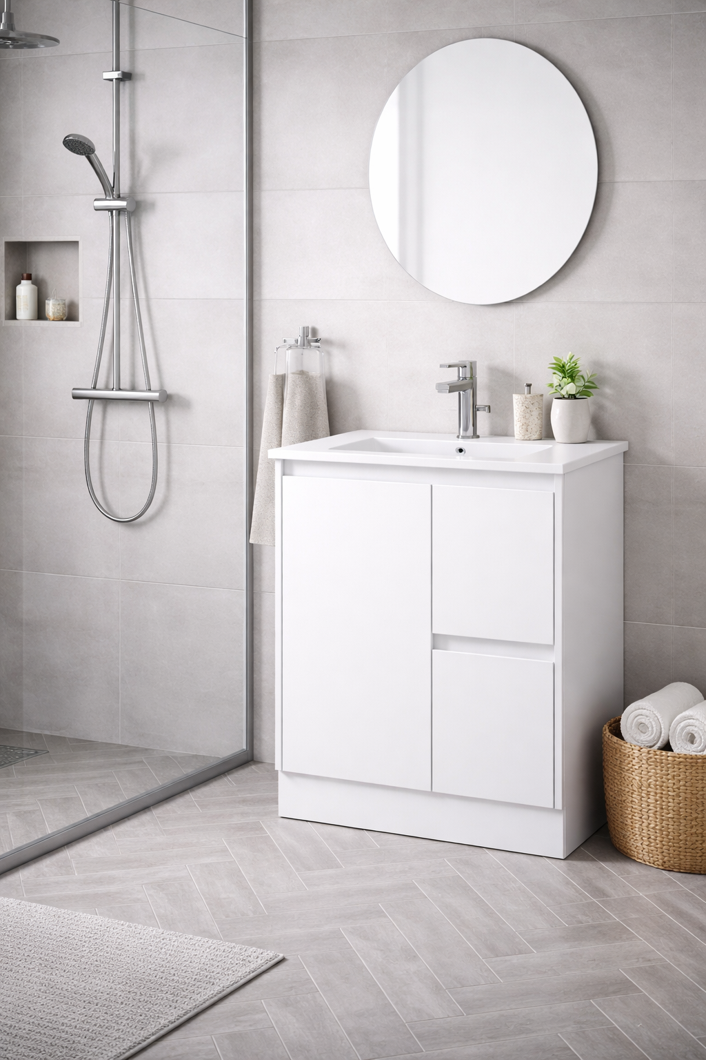 Floor Standing Minimalist Two Pack Vanity with Ceramic Top