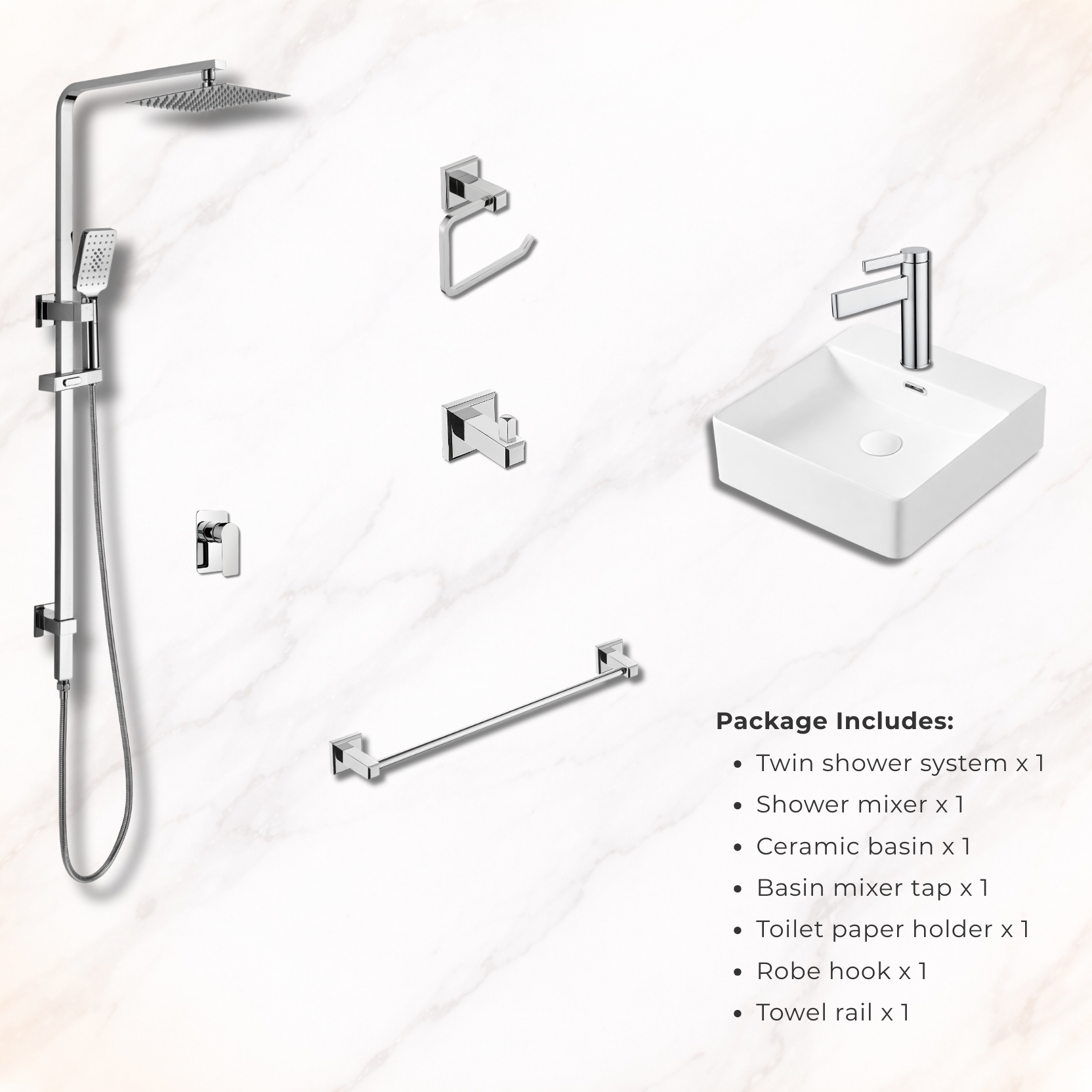 Modern Chrome 6-Piece Bathroom Hardware Package – Shower Column, Basin Mixer, Basin & Accessories Set