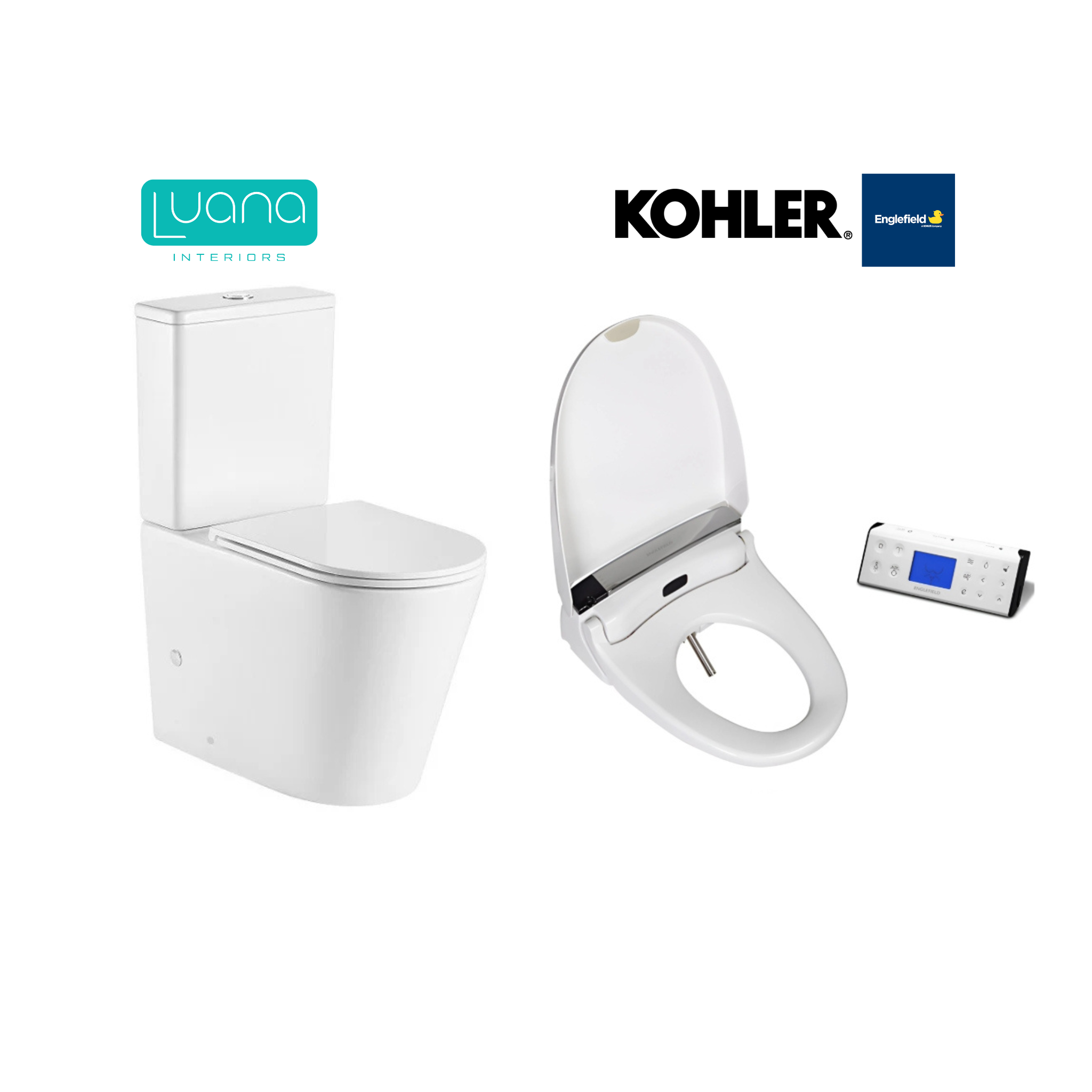 KOHLER X ENGLEFIELD ELECTRONIC BIDET PLUS SEAT WITH REMOTE CONTROL AND LUANA BTW TORNADO RIMLESS TOILET SUITE