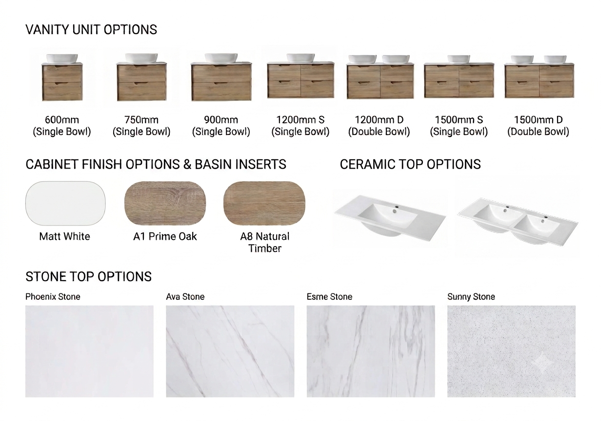 Mina Wall Hung Vanity Cabinet with Ceramic or Flat Stone Top