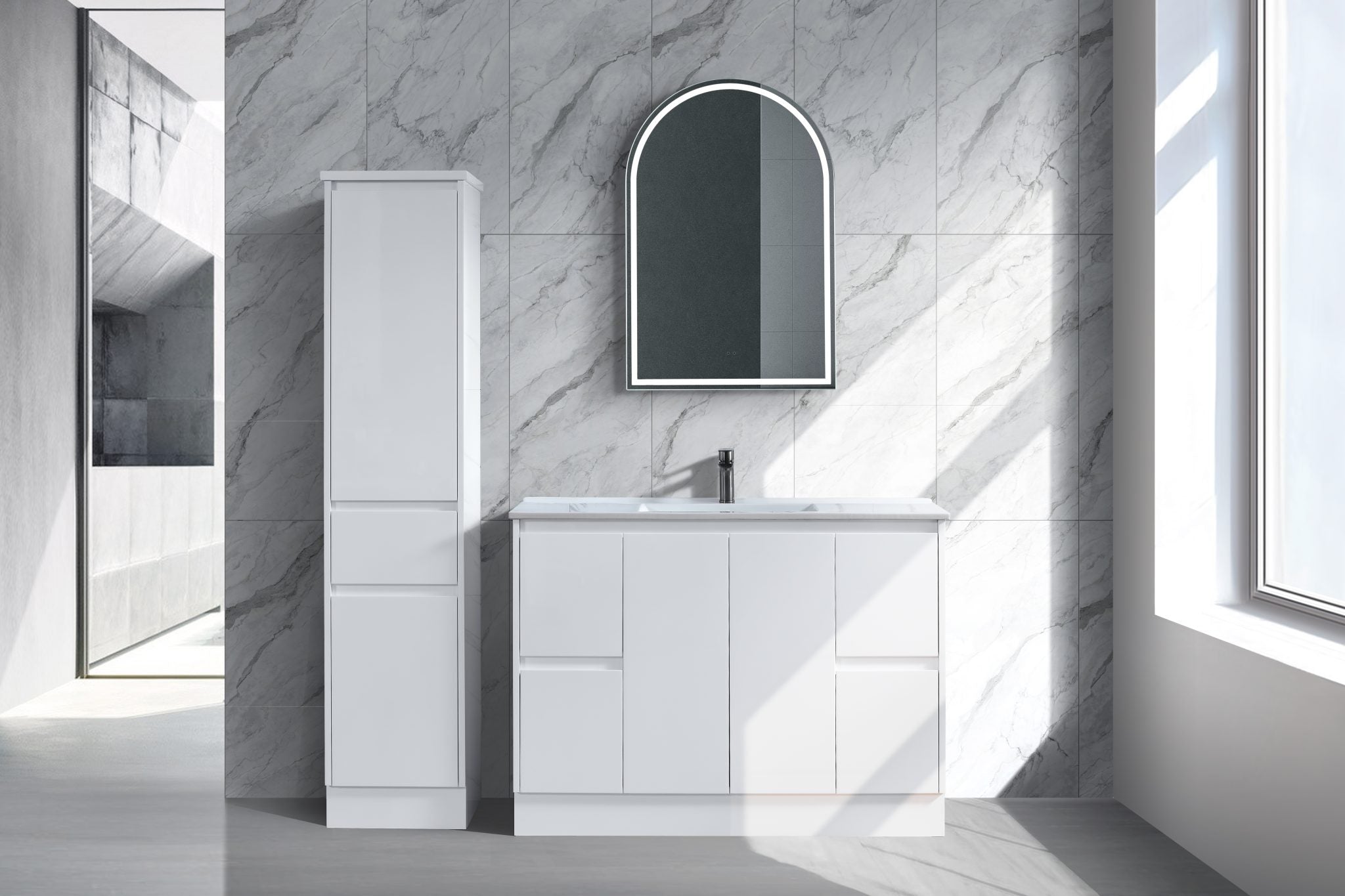 Floor Standing Minimalist Two Pack Vanity with Ceramic Top