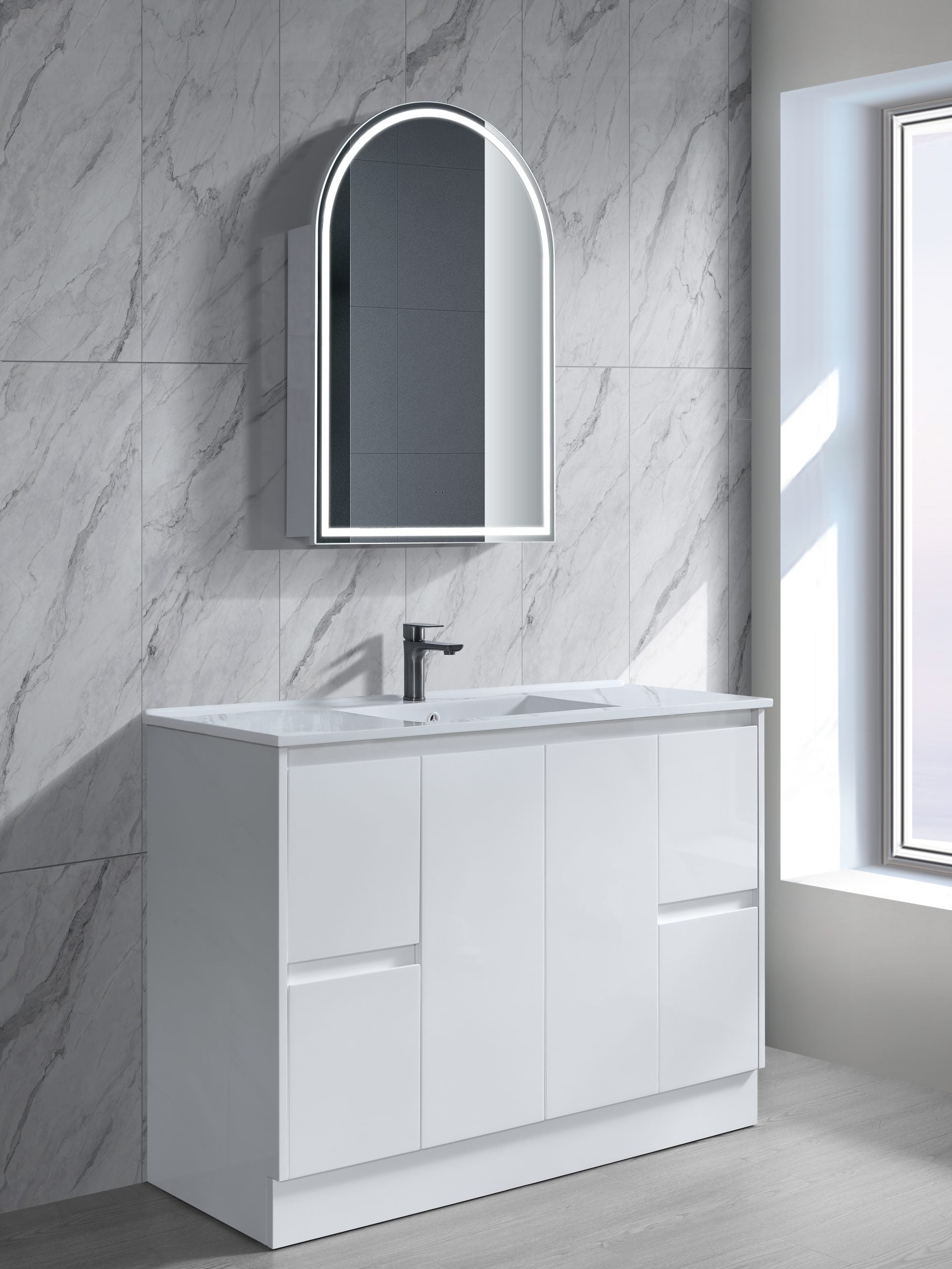 Floor Standing Minimalist Two Pack Vanity with Ceramic Top