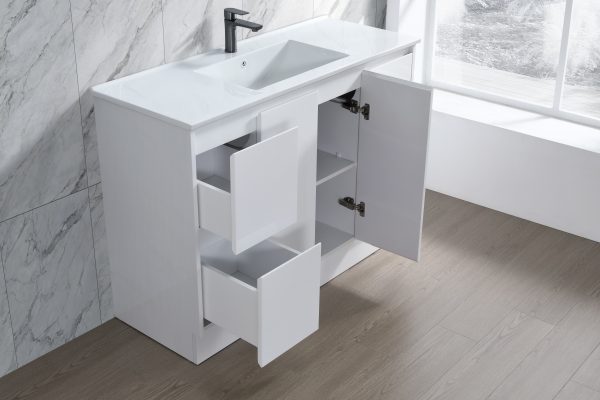 Floor Standing Minimalist Two Pack Vanity with Ceramic Top
