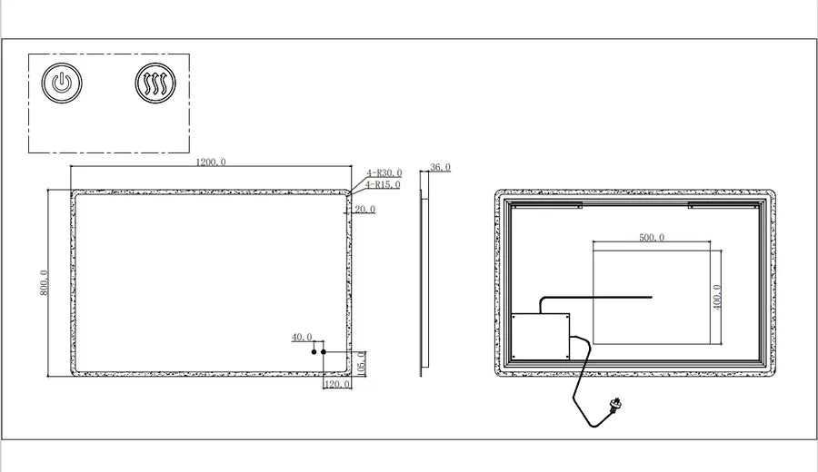 1200x800mm Curved Rim Rectangle 3 Color Lighting LED Mirror Touch Sensor Switch Defogger Pad Wall Mounted