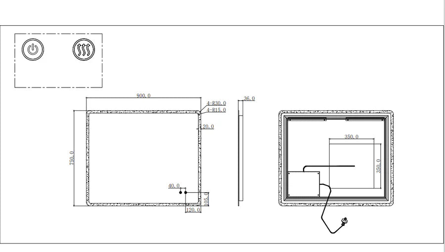 900x750mm Curved Rim Rectangle 3 Color Lighting LED Mirror Touch Sensor Switch Defogger Pad Wall Mounted