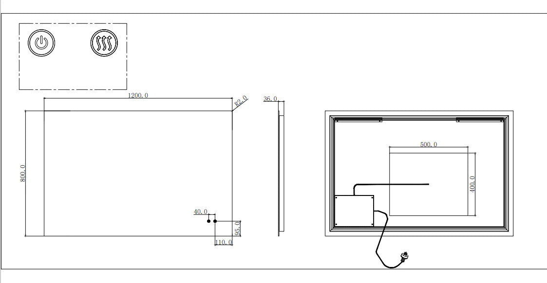 1200*800mmSharp Edge 3 Color Lighting Backlit LED Mirror Touch Sensor Switch Defogger Pad Wall Mounted