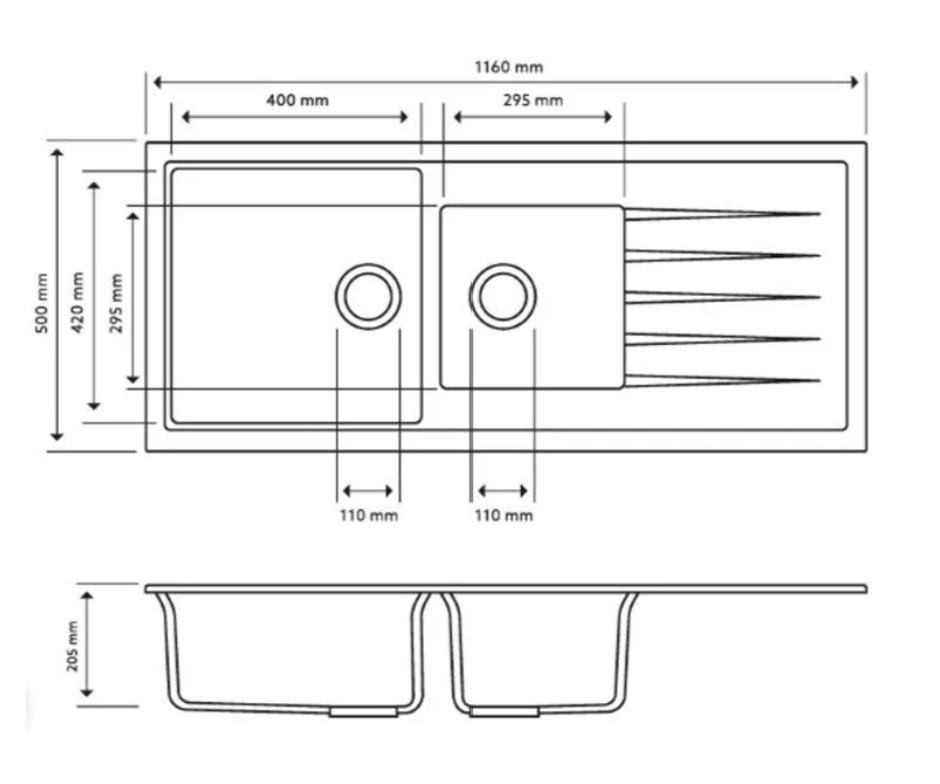 Carysil Vivaldi D200V Granite Sink – 1160 × 500 × 205 mm