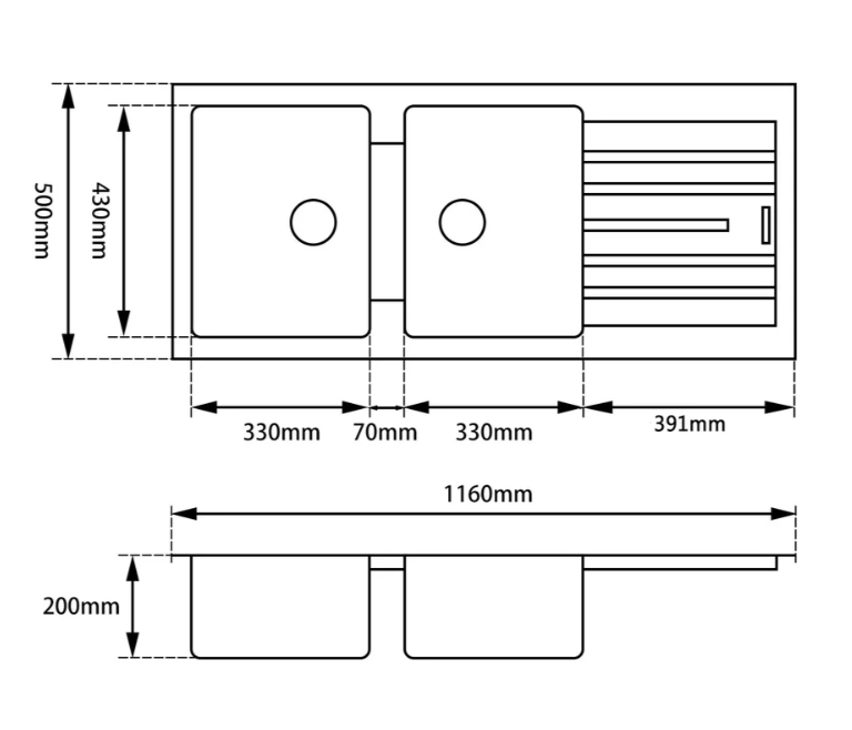Granite Double Bowl Sink with Drainer – 1160 × 500 × 200 mm