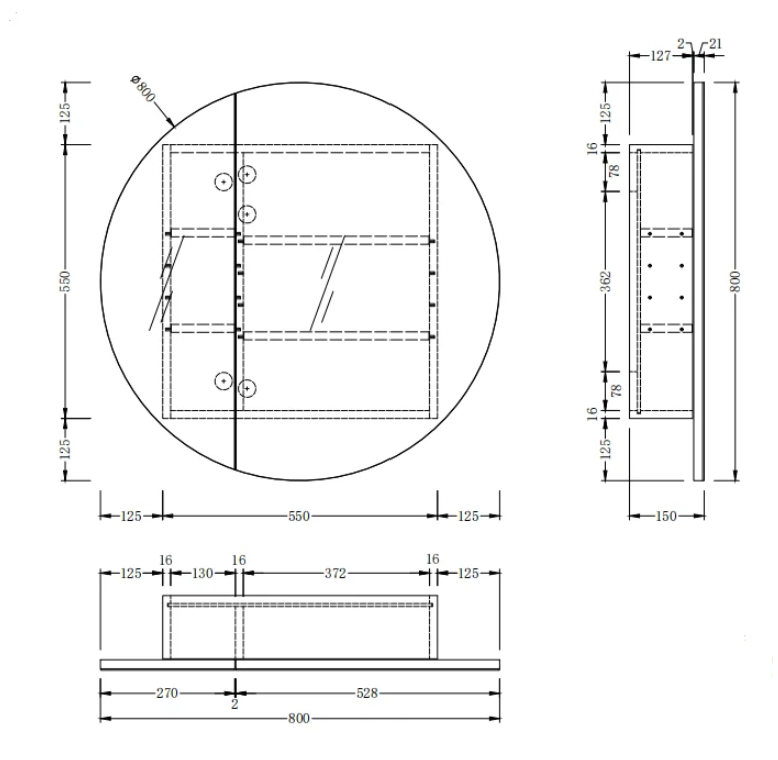CARYSIL Orbit Series Round 800x800mm Walnut Shaving Cabinet
