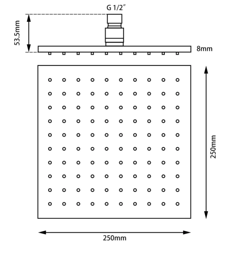 Square 250mm - Solid Brass Rainfall Shower Head