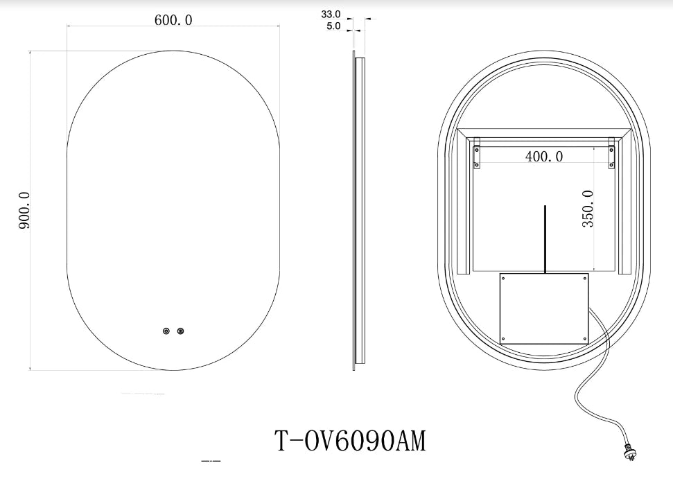 Oval Shape Backlit LED Mirror 900x(600 or 450)mm