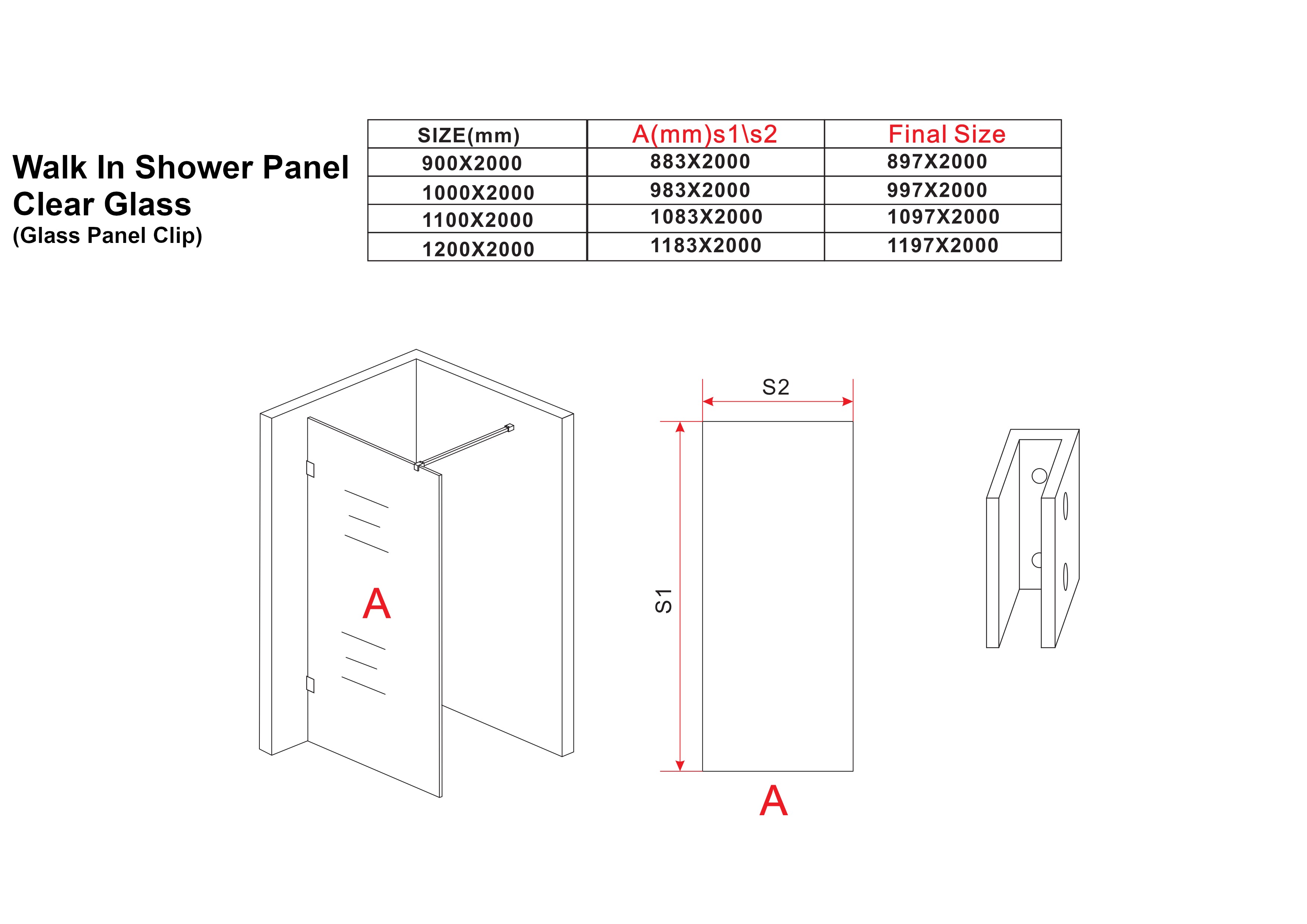 Walk In Shower Panel - Clear Glass with Clamp