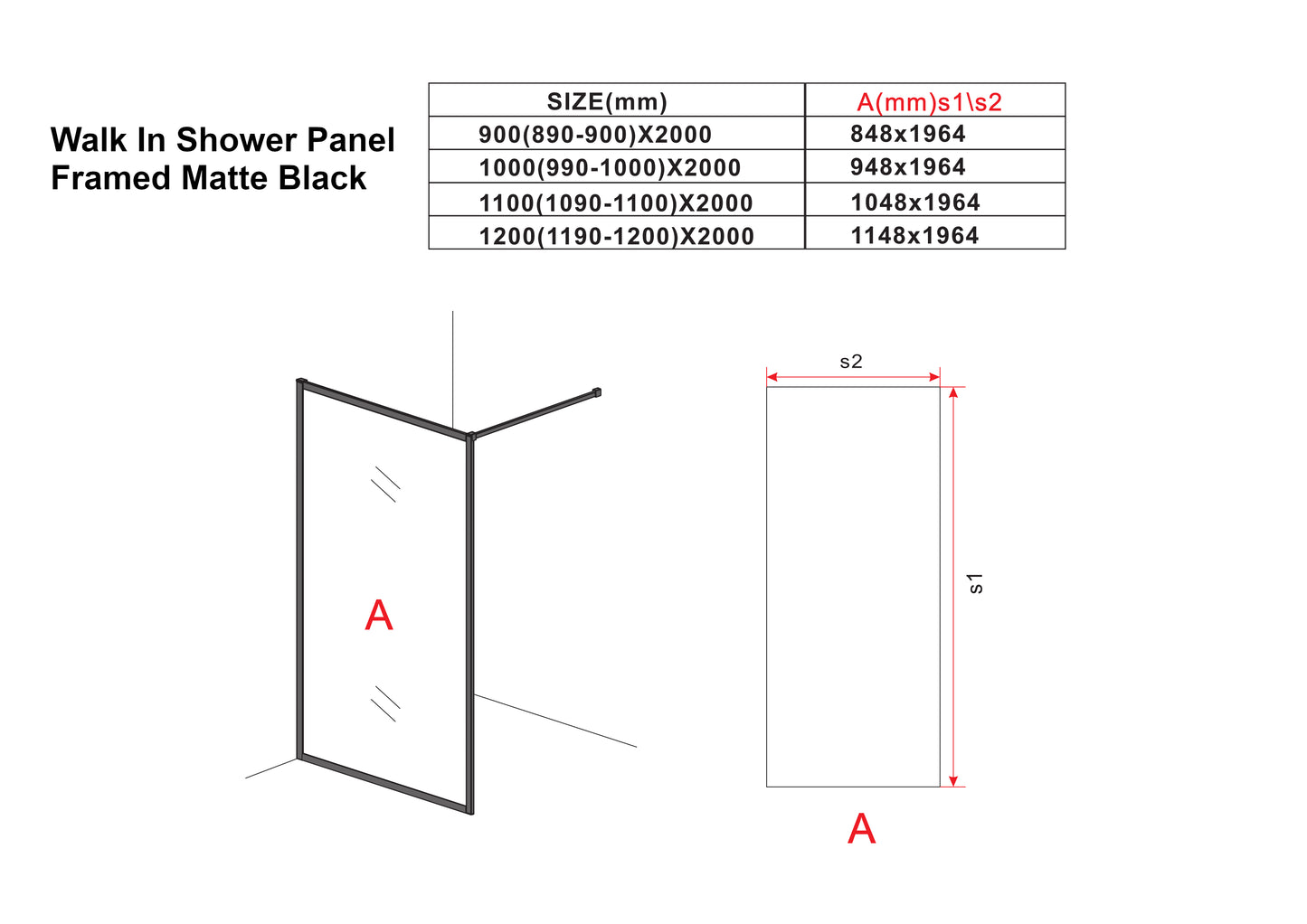 Walk In Shower Panel - Framed Matte Black