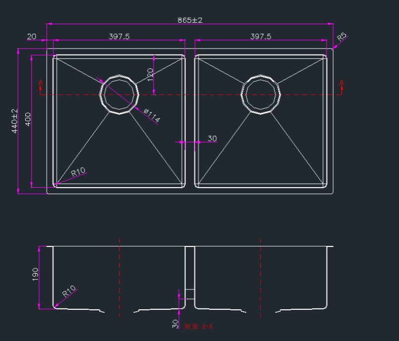 Hand‑Made Double Bowl Kitchen Sink – 865 × 440 × 200 mm