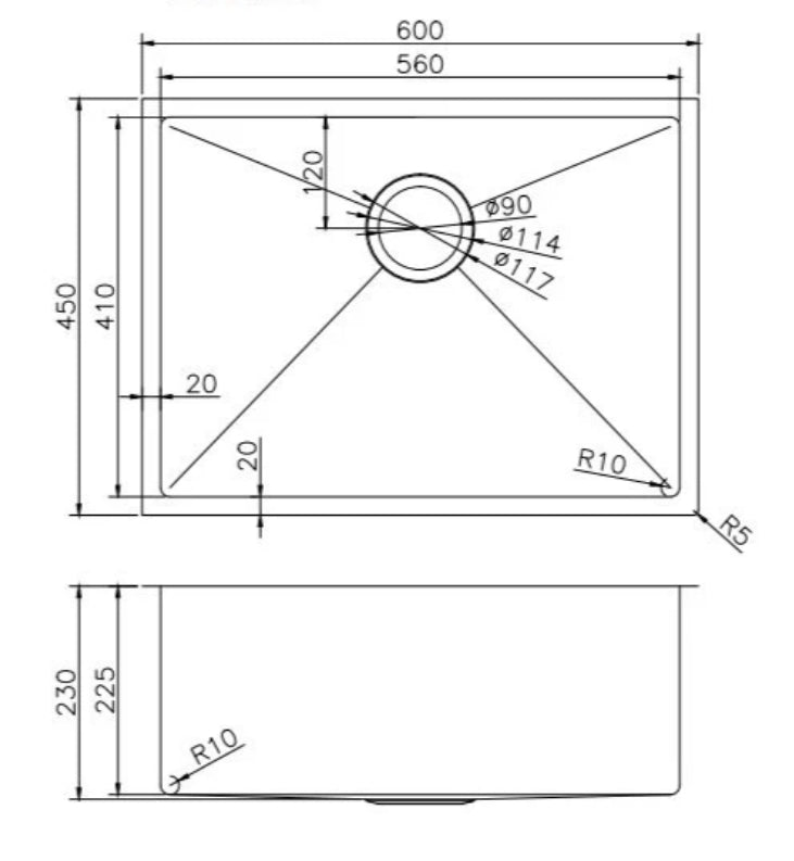 600x450x230mm 1.2mm Handmade Top/Undermount Single Bowl Kitchen Sink 304 Stainless Steel