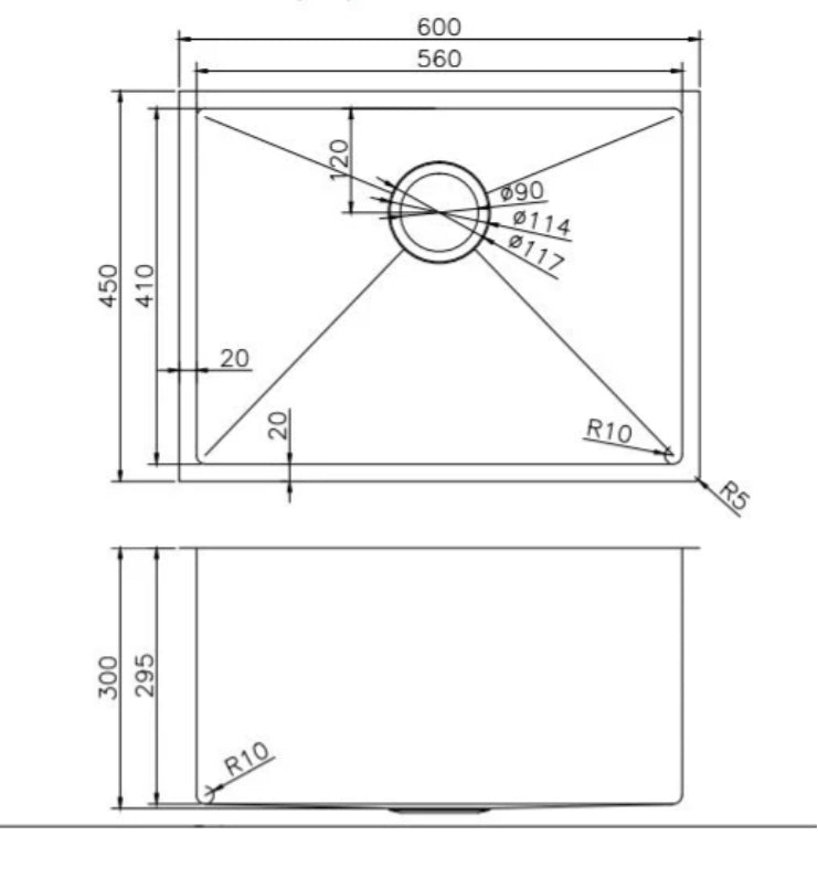 600x450x300mm 1.2mm Handmade Top/Undermount Single Bowl Kitchen/Laundry Sink