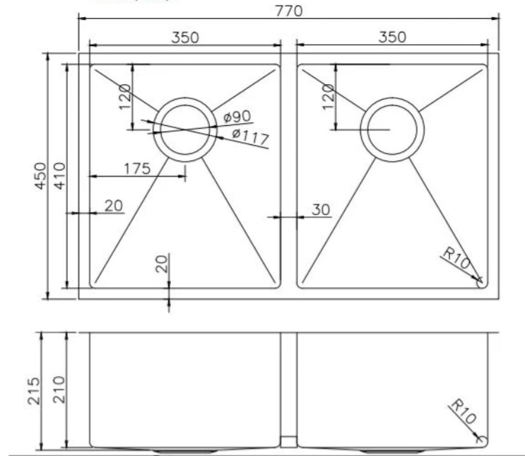 Hand‑Made Double Bowl Kitchen Sink – 770 × 450 × 215 mm