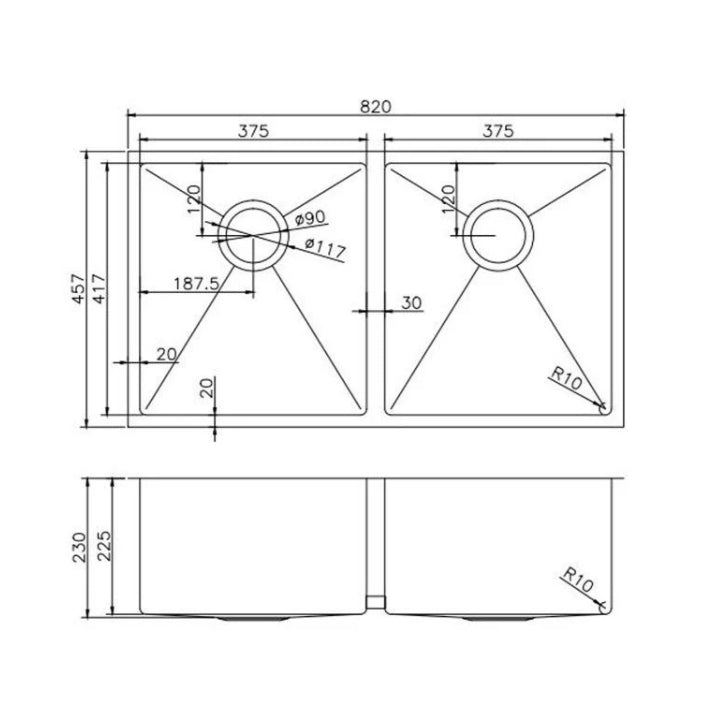 Hand‑Made Double Bowl Kitchen Sink – 820 × 457 × 230 mm