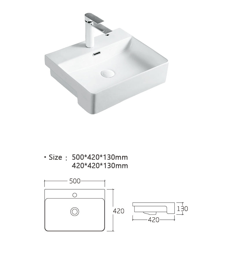 Luana Interiors - Semi Recessed Basin One Tap Hole with Over Flow (500x420x130)